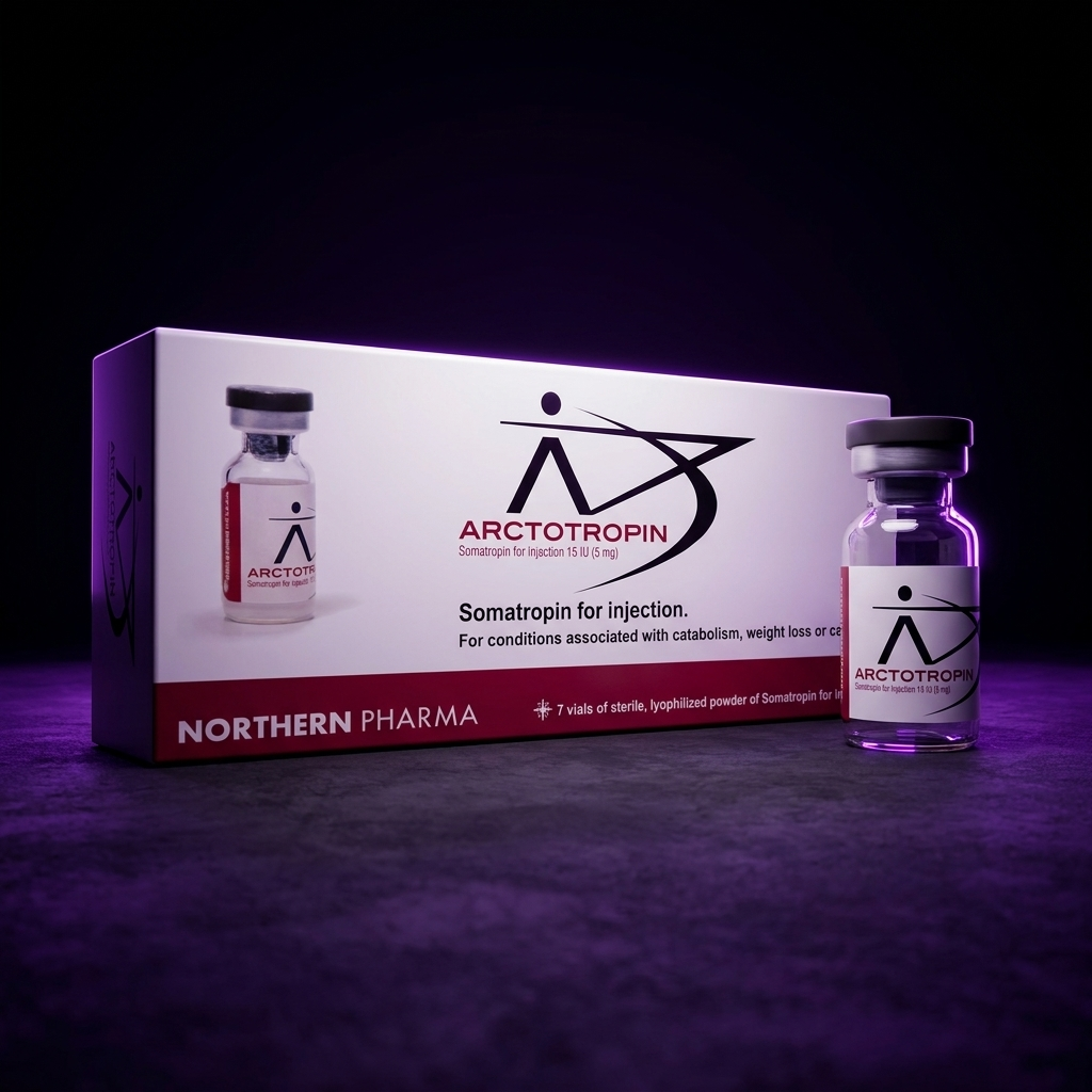 Arctotropin Somatropin 7 × 15 IU — Northern Pharma — Dark Purple Package and Vial