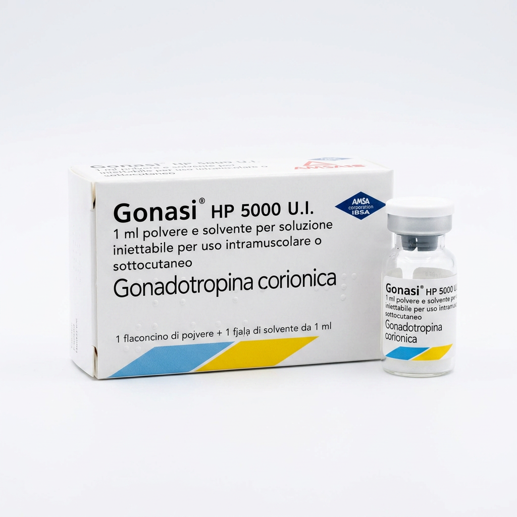 Gonasi HP 5000 U.I. — Chorionic Gonadotropin — White Package and Vial Close-Up