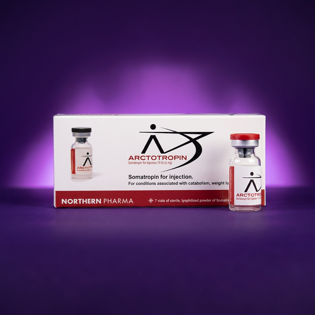 Arctotropin Somatropin 7 × 15 IU — Northern Pharma — Purple Glow Package and Vial